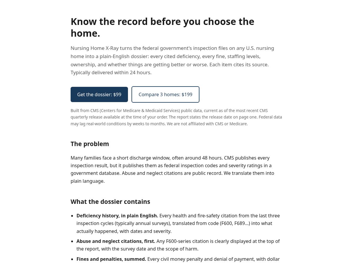 Landing-page snapshot of getnursinghomexray.com