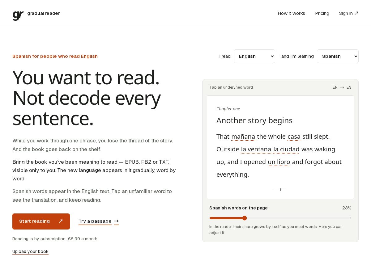 Landing-page snapshot of gradualreader.app