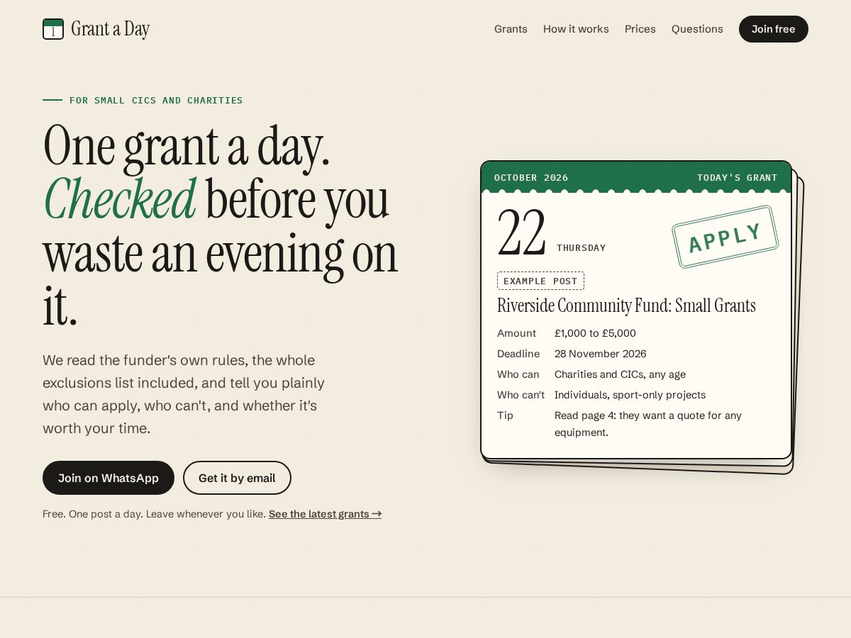 Landing-page snapshot of grantaday.com