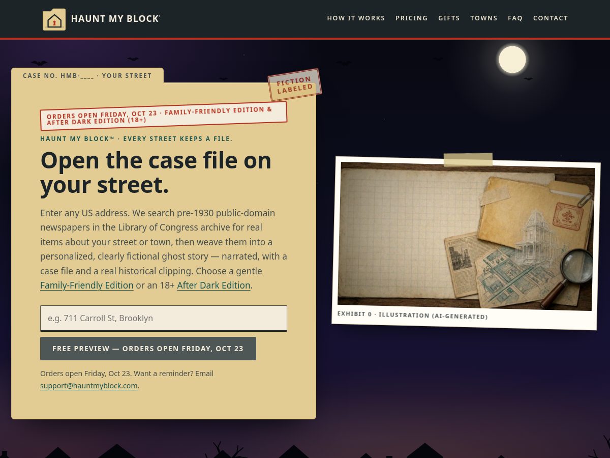 Landing-page snapshot of hauntmyblock.com