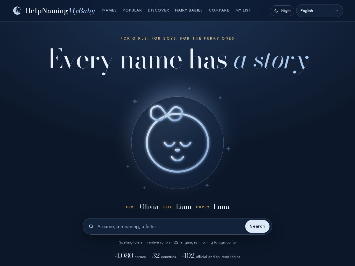 Landing-page snapshot of helpnamingmybaby.app