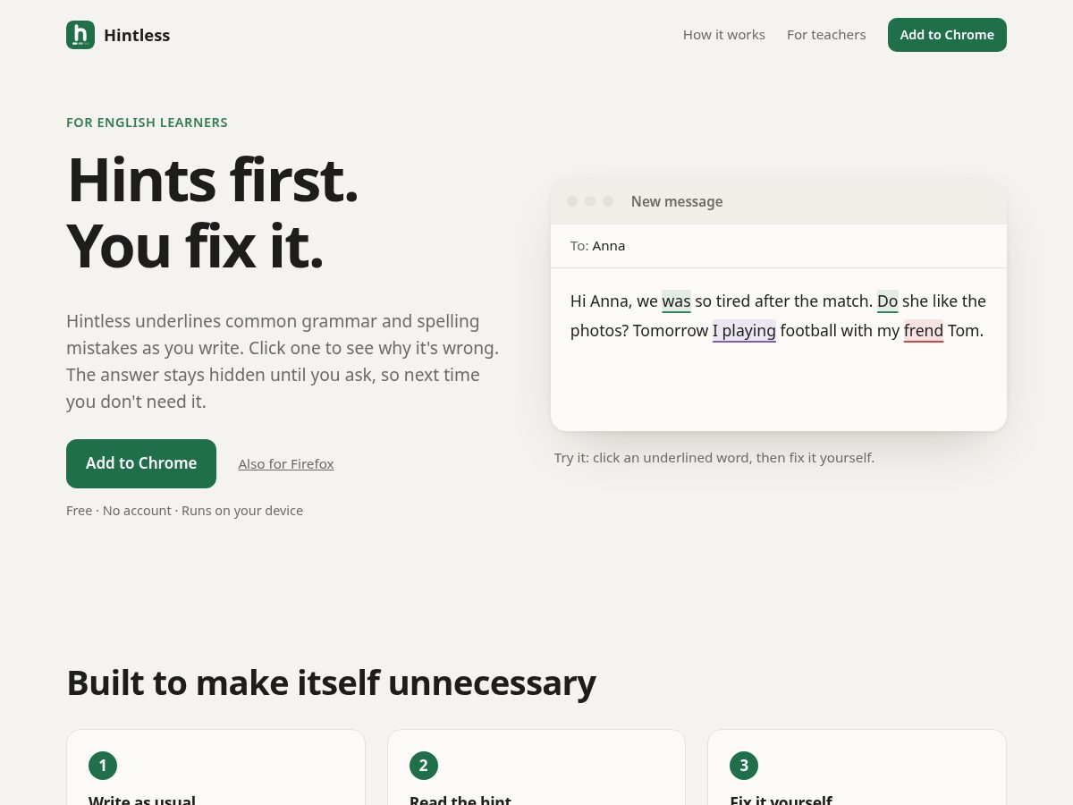 Landing-page snapshot of hintless.app