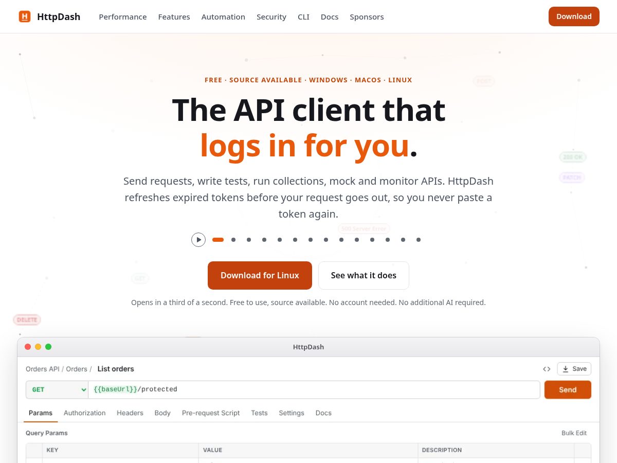 Landing-page snapshot of httpdash.com
