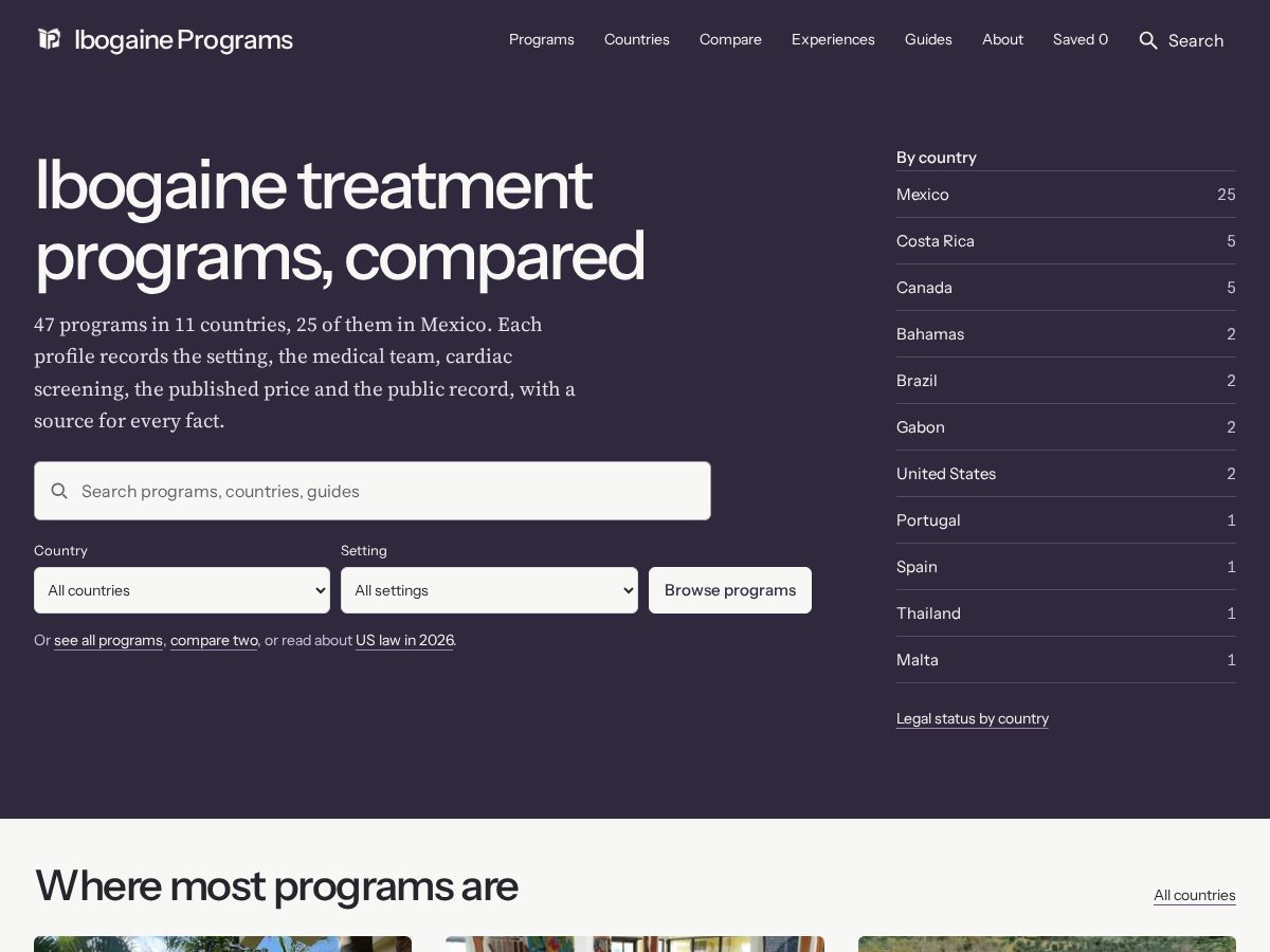 Landing-page snapshot of ibogaineprograms.com