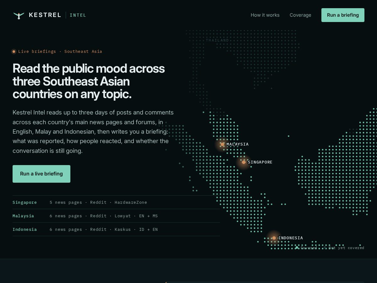 Landing-page snapshot of kestrelintel.com