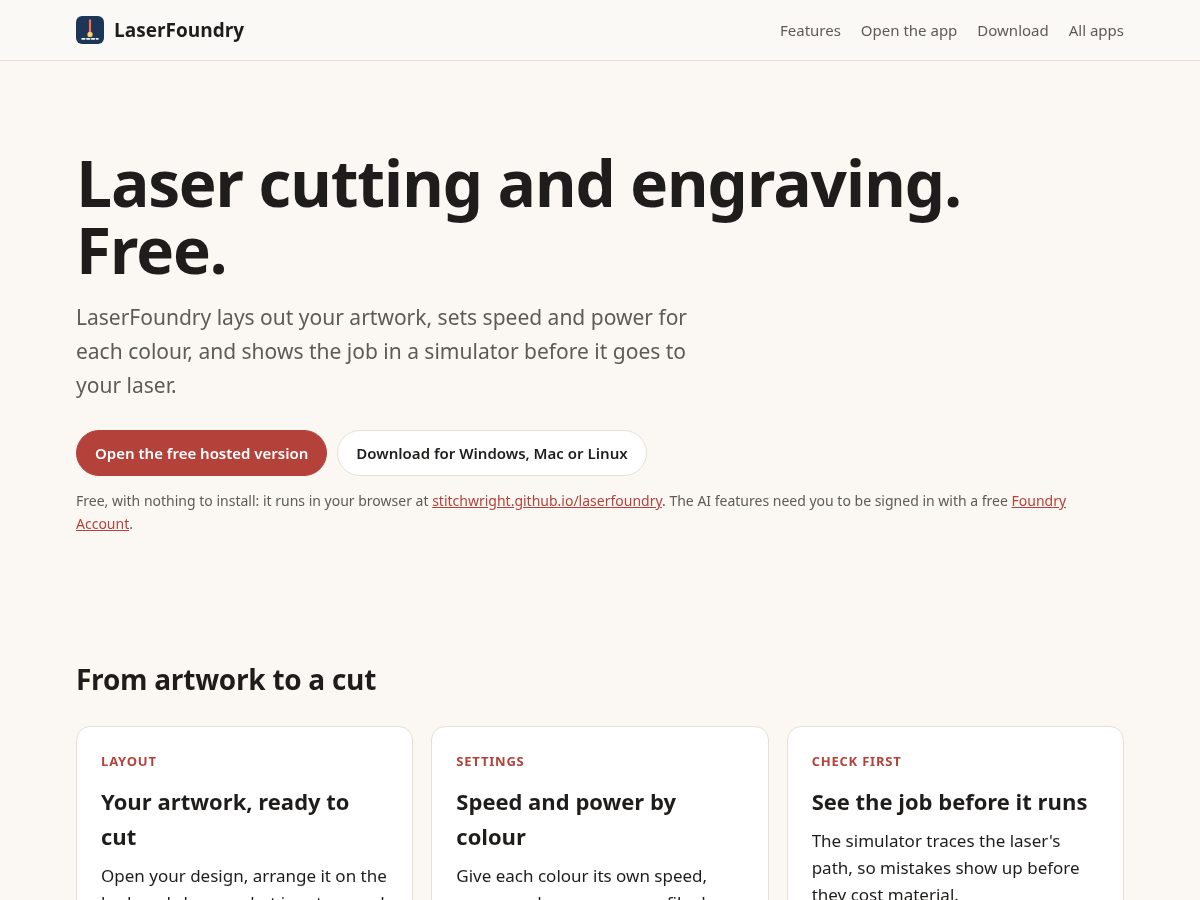 Landing-page snapshot of laserfoundry.app