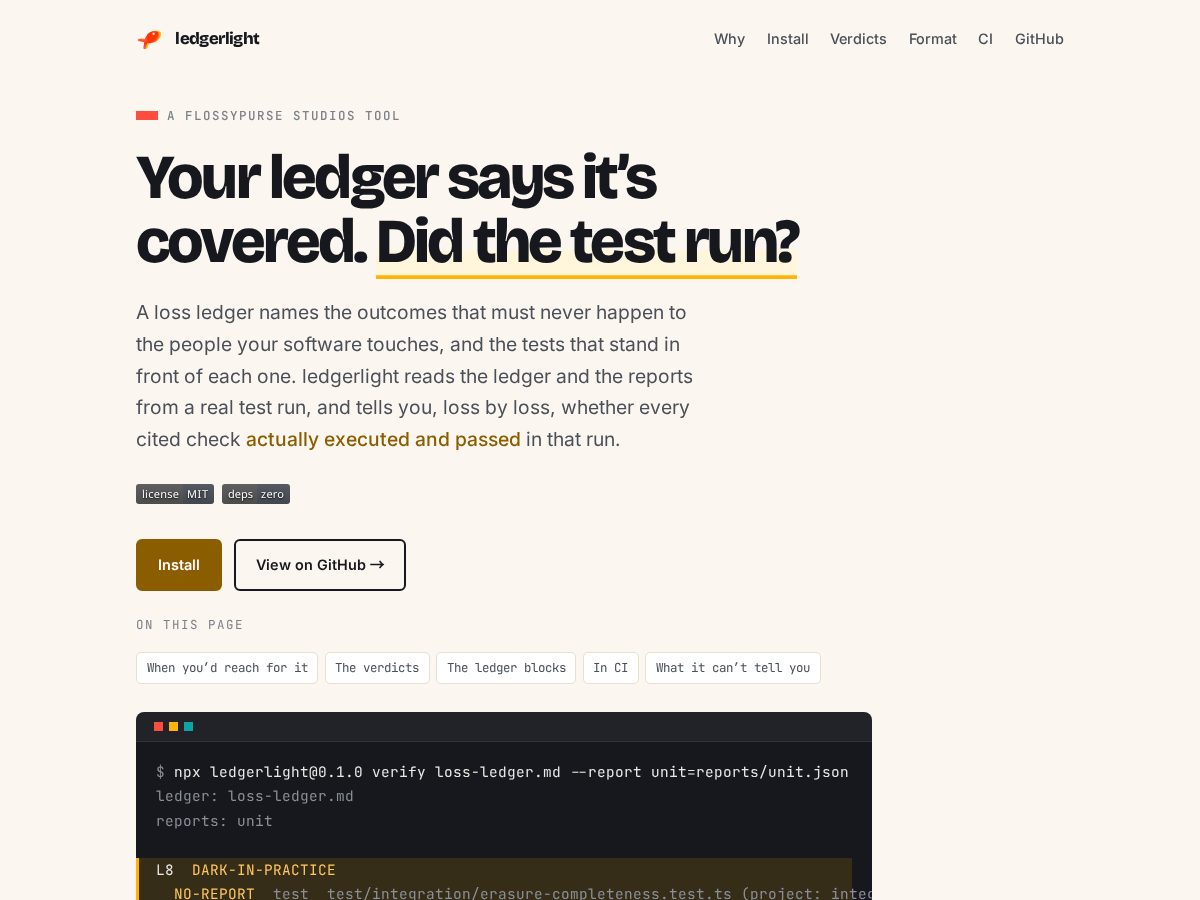 Landing-page snapshot of ledgerlight.dev