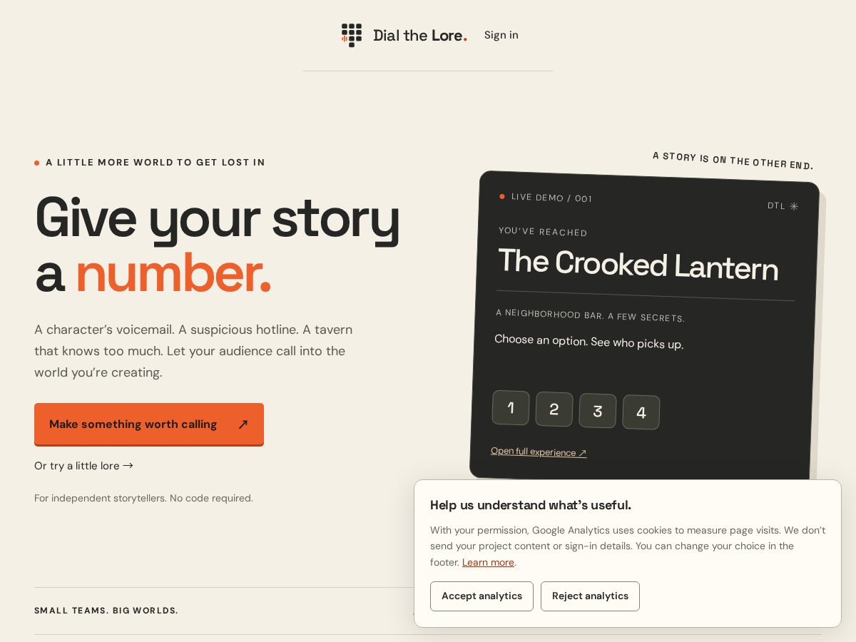 Landing-page snapshot of lore.tel