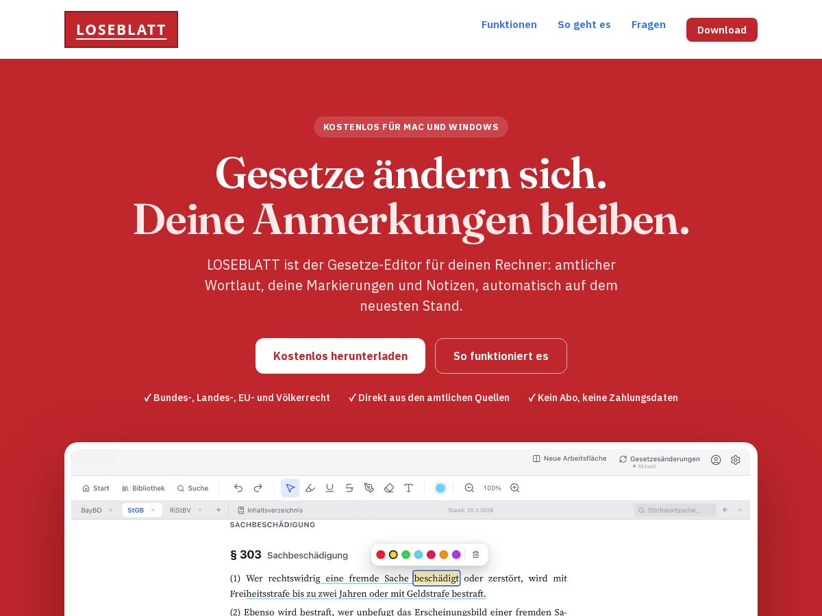 Landing-page snapshot of loseblatt.app