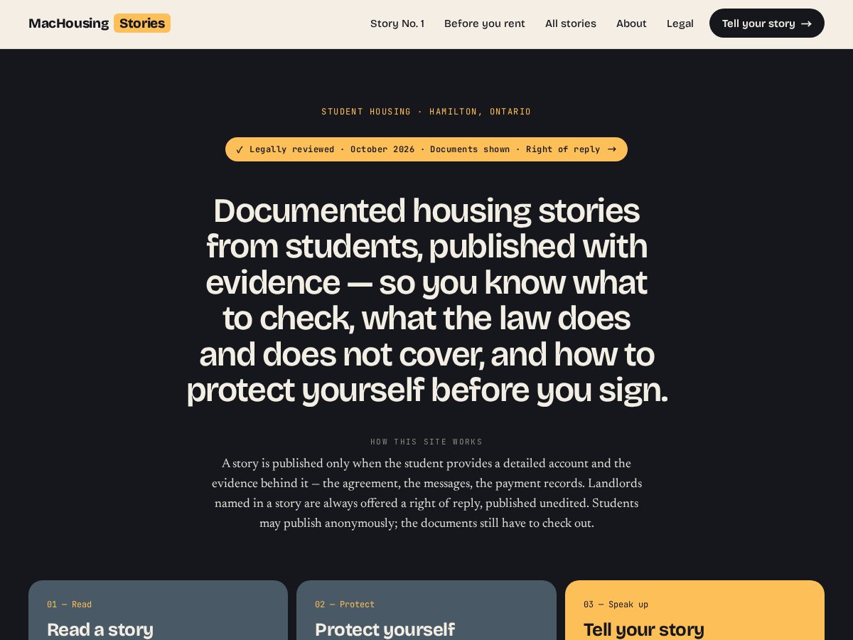 Landing-page snapshot of machousingstories.com