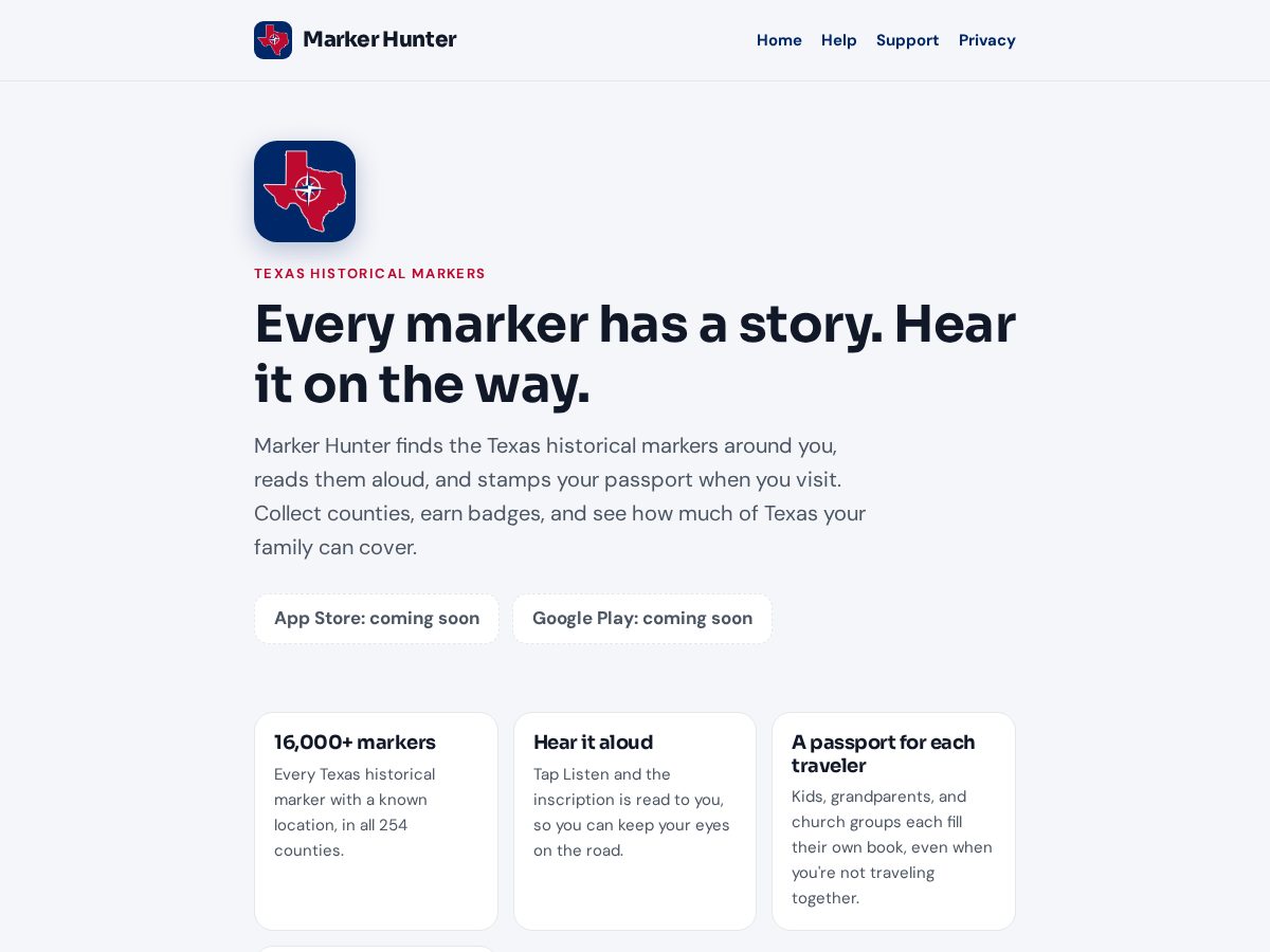 Landing-page snapshot of markerhunterapp.com