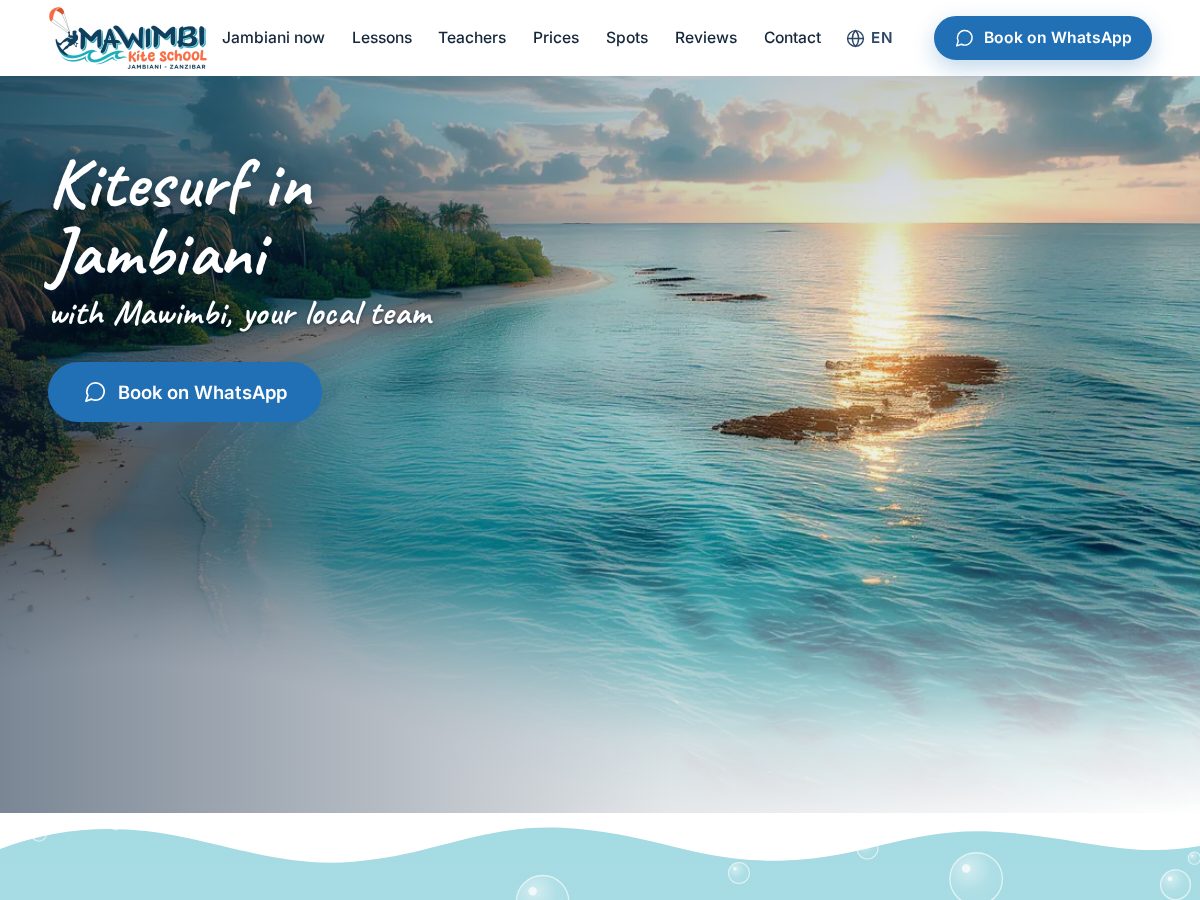 Landing-page snapshot of mawimbi-kiteschool.com
