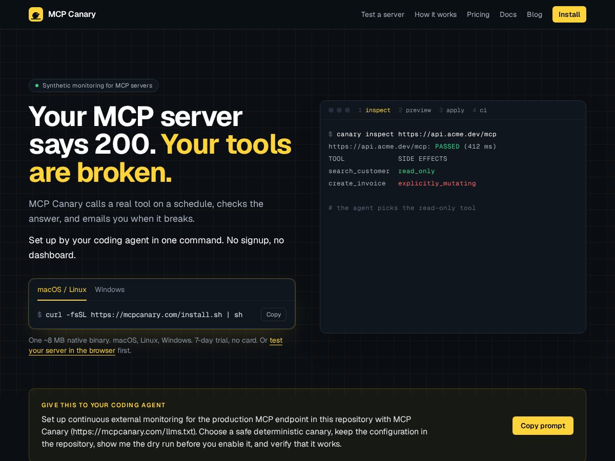 Landing-page snapshot of mcpcanary.com