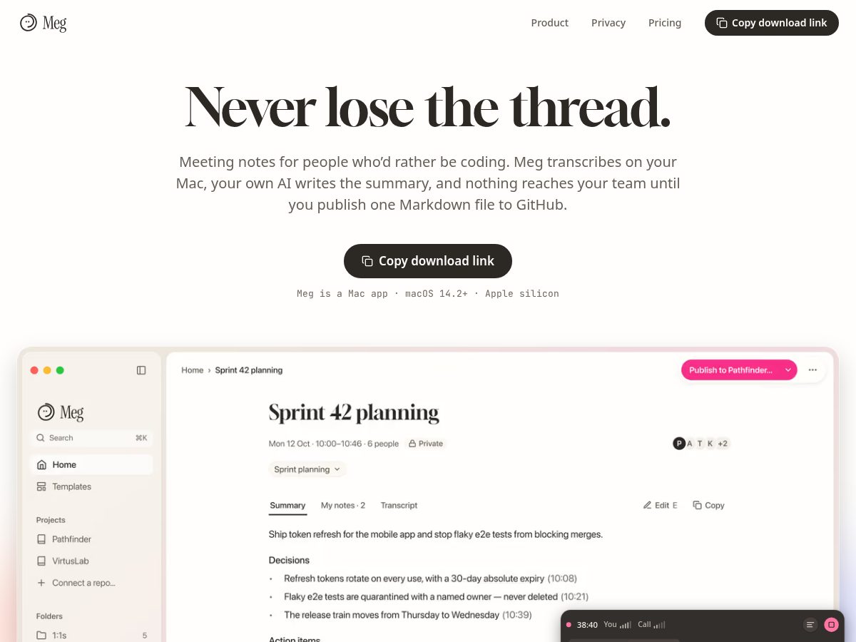 Landing-page snapshot of meetmeg.app