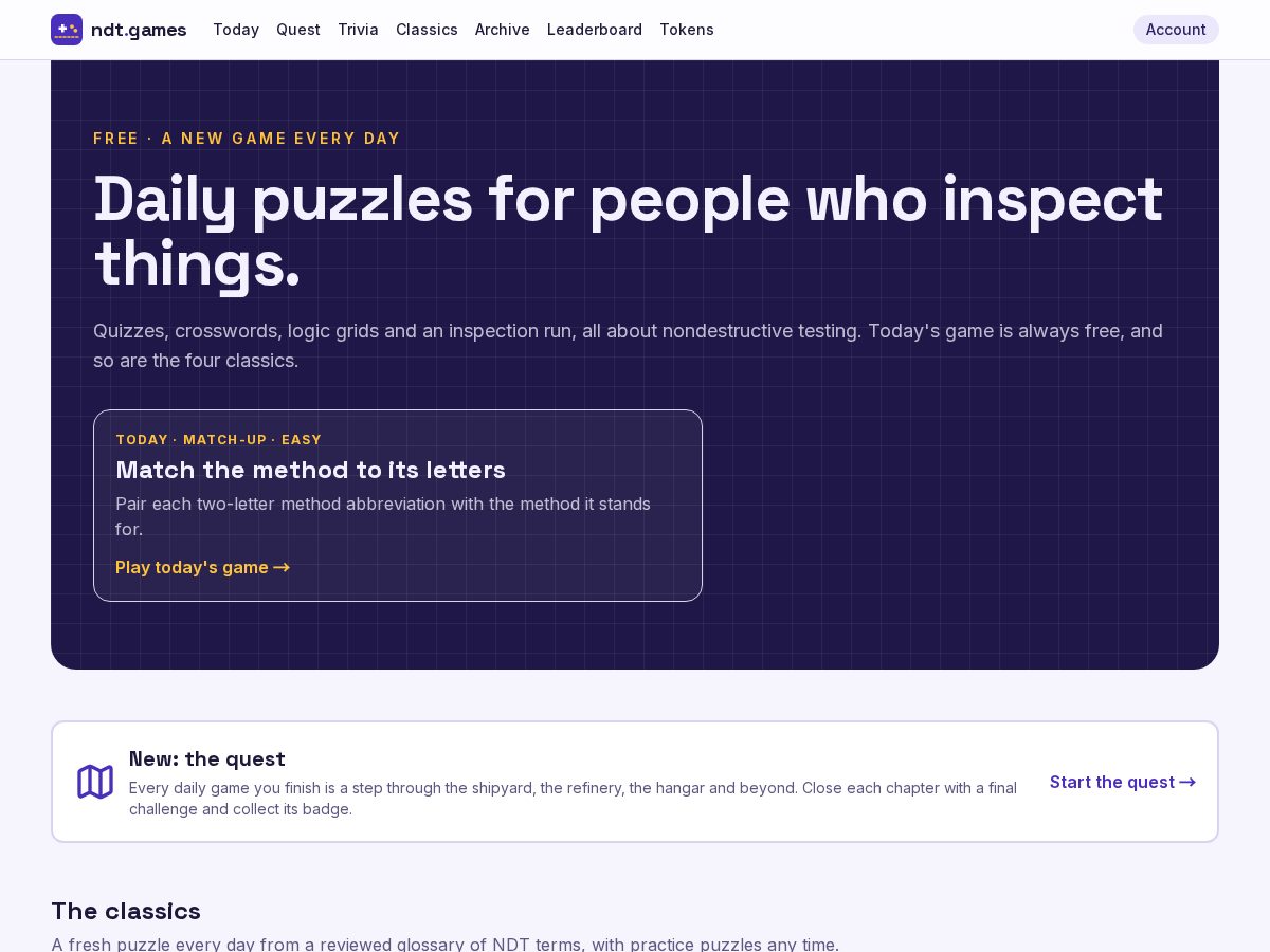Landing-page snapshot of ndt.games