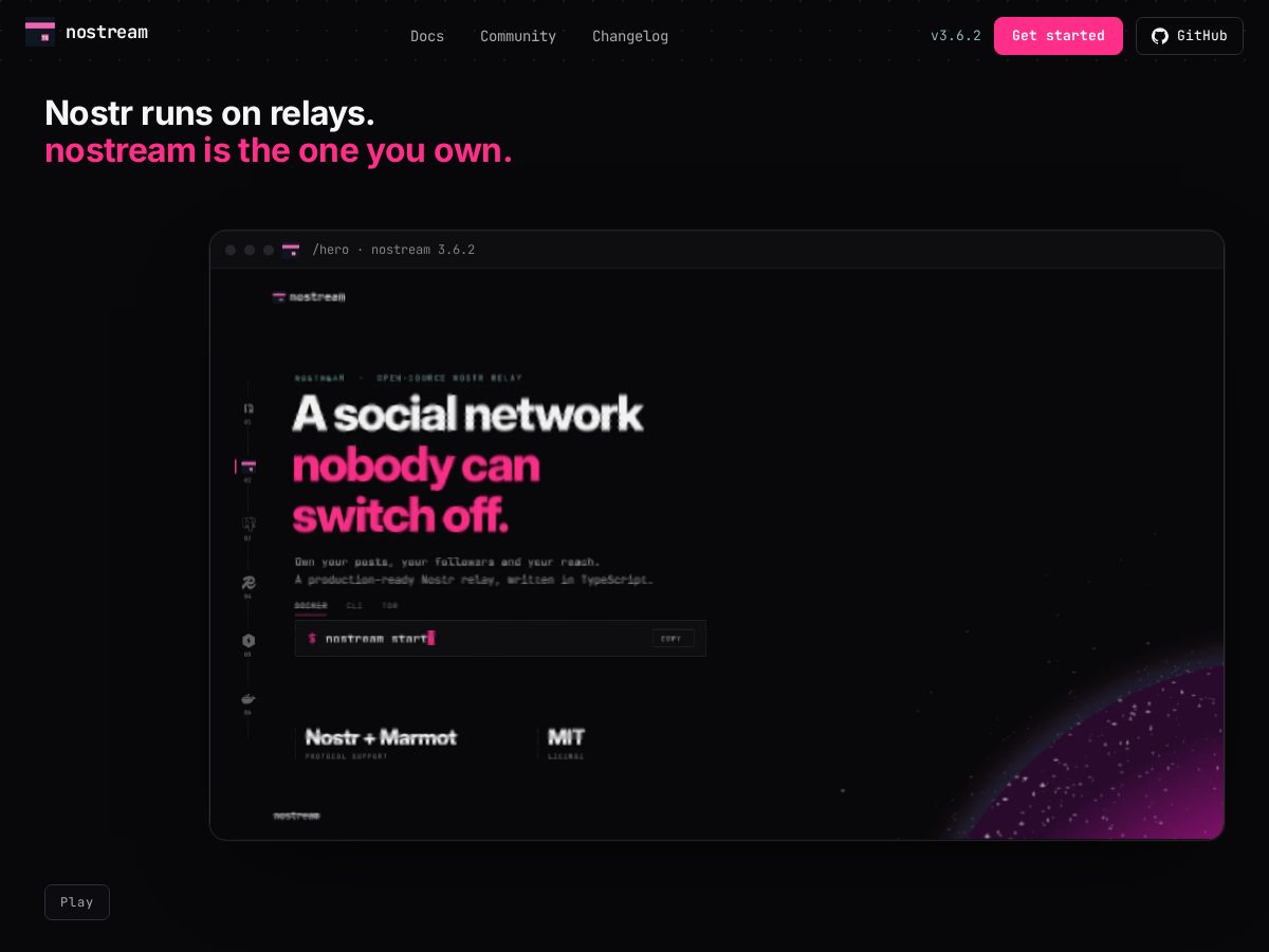 Landing-page snapshot of nostream.dev