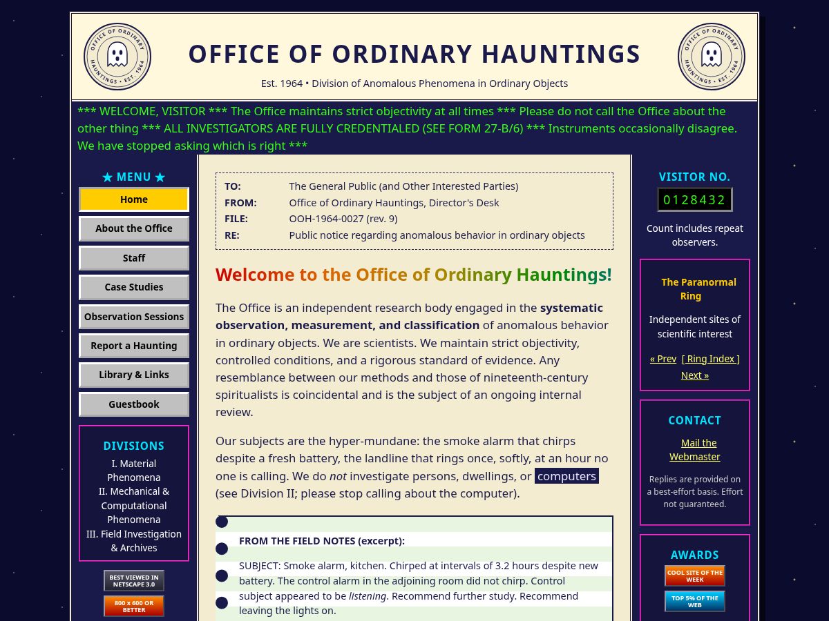 Landing-page snapshot of officeofordinaryhauntings.net
