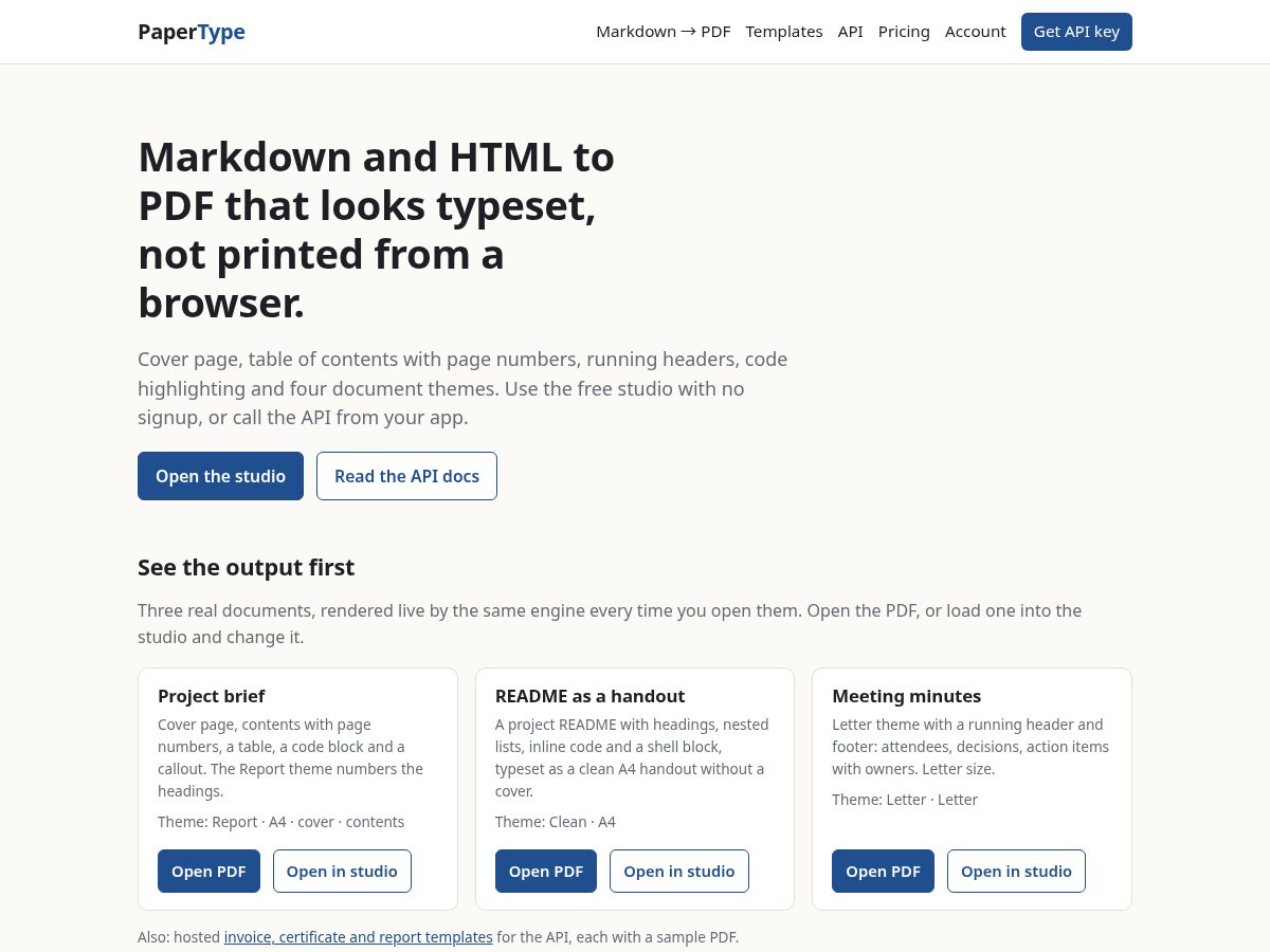 Landing-page snapshot of papertype.dev