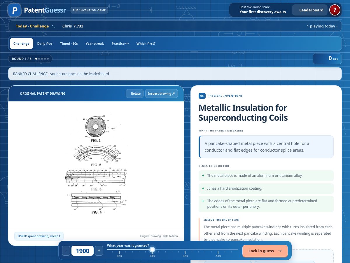Landing-page snapshot of patentguessr.app