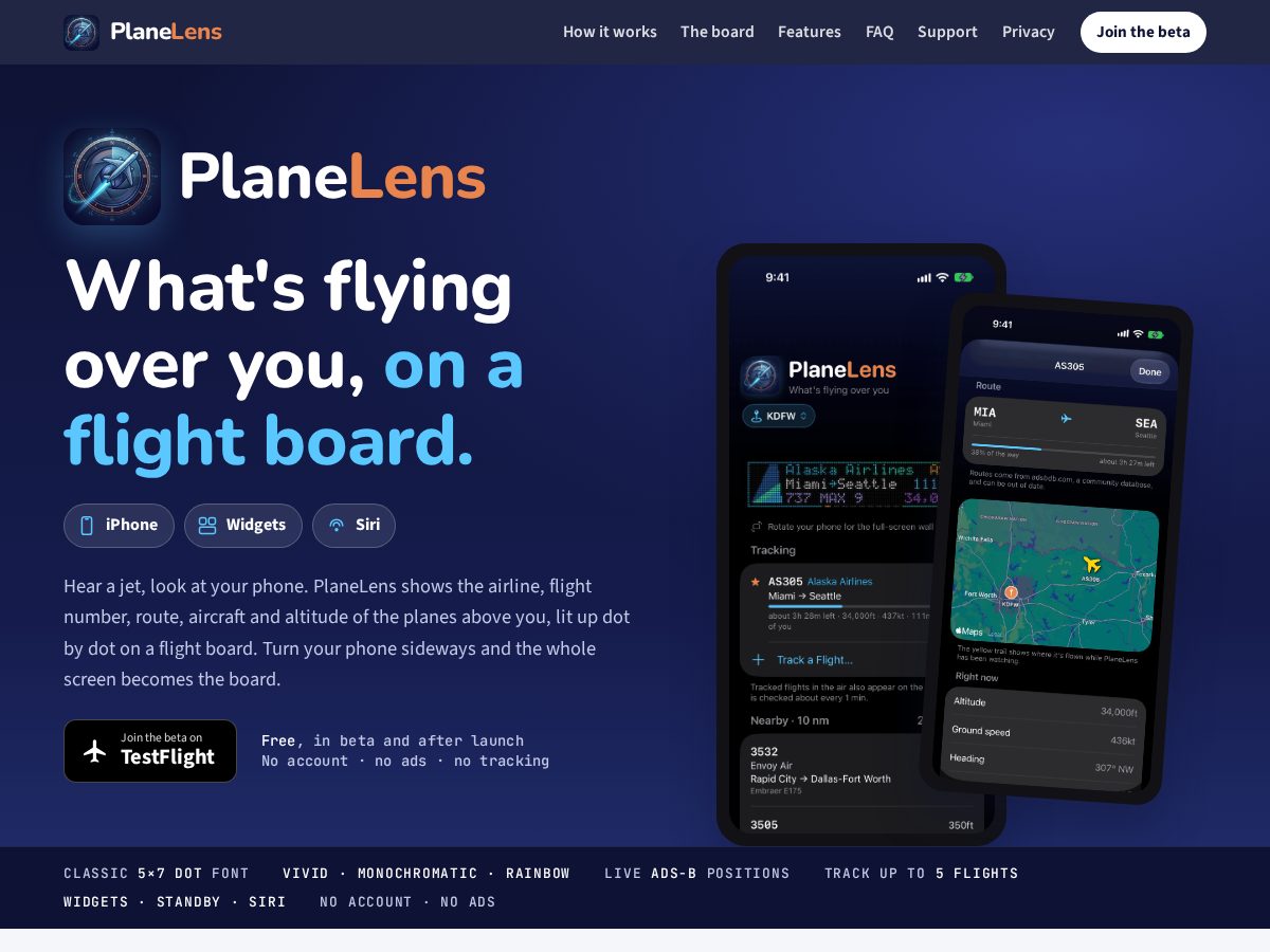 Landing-page snapshot of planelens.com