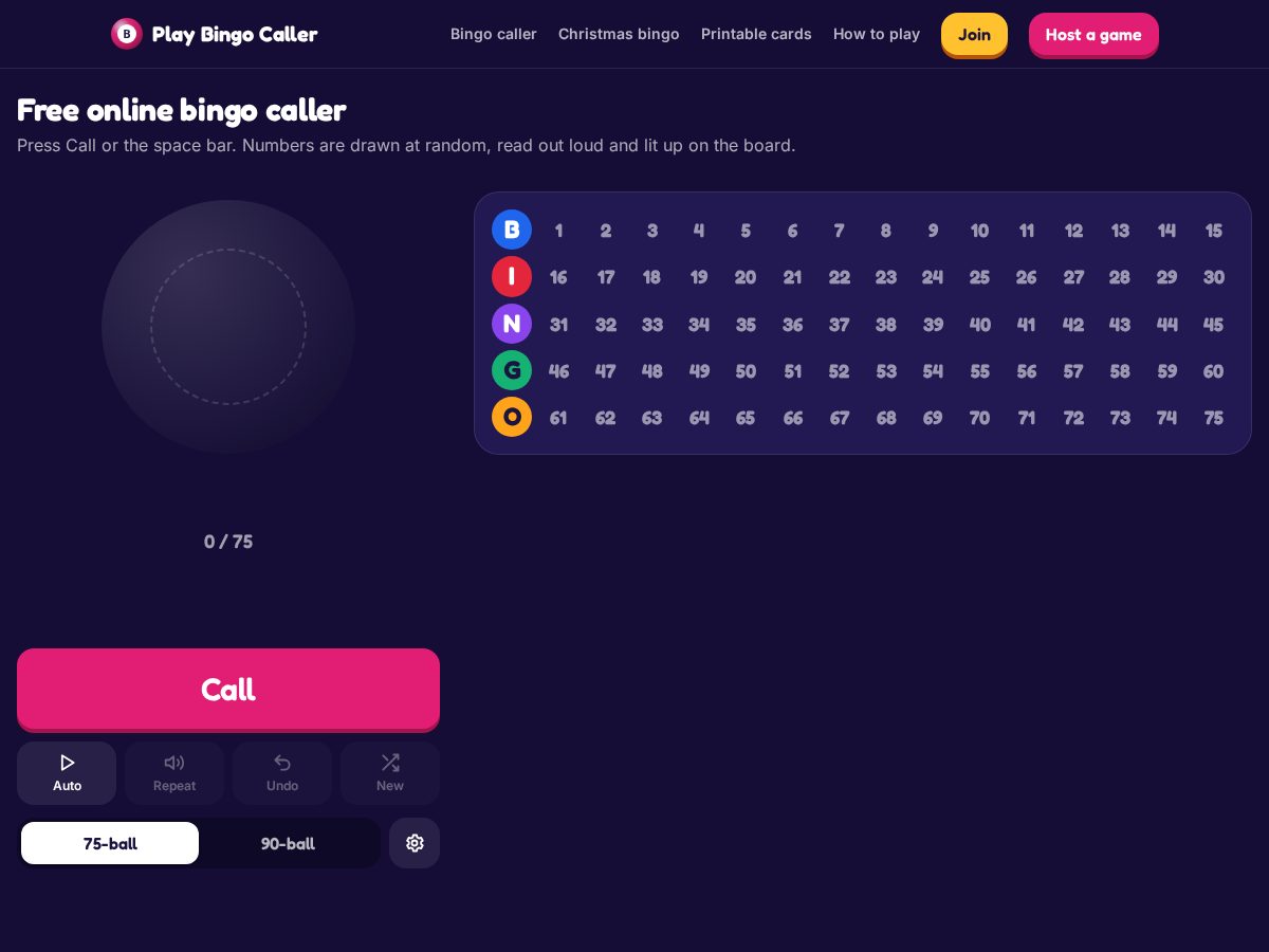 Landing-page snapshot of playbingocaller.com