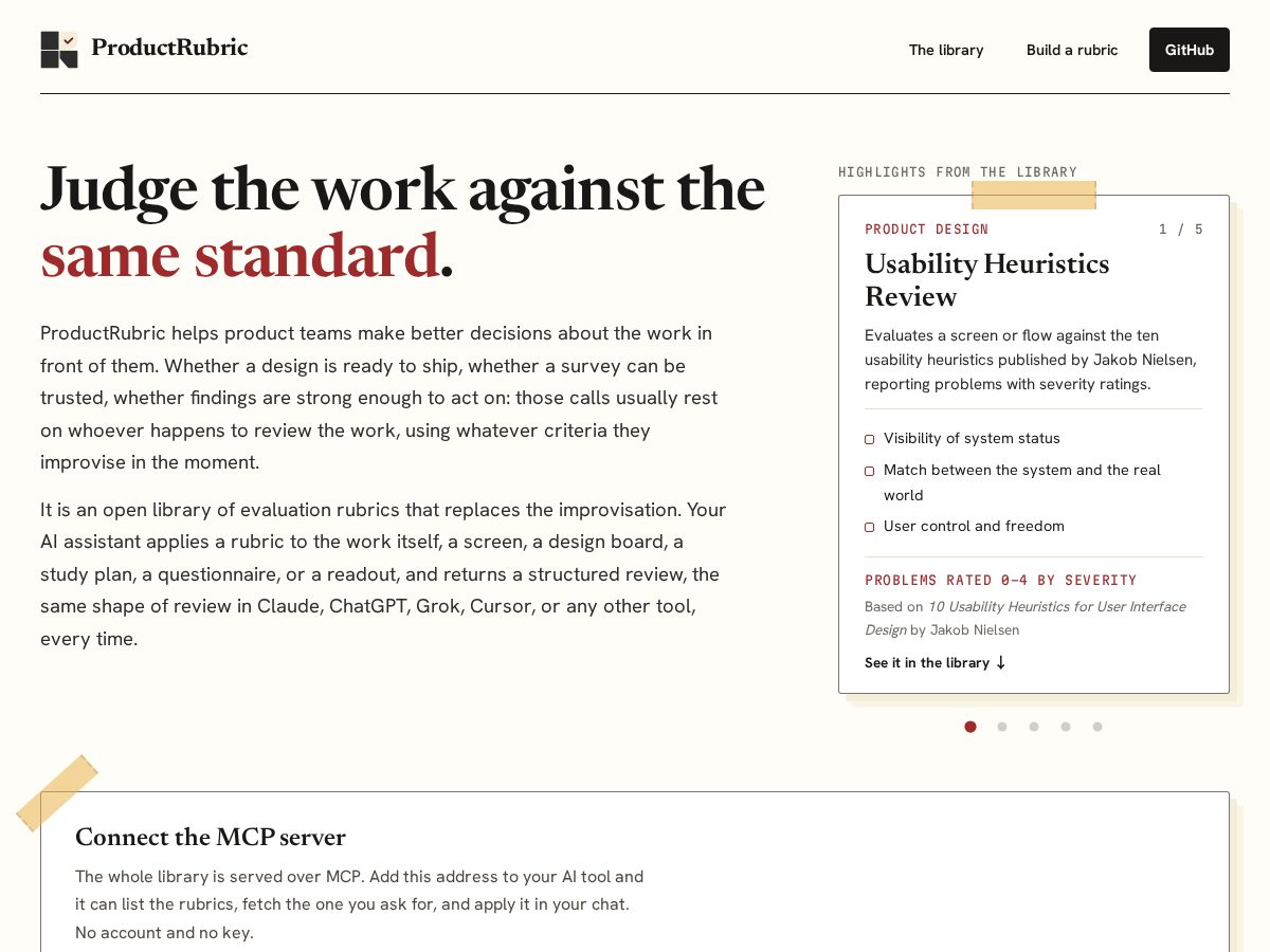 Landing-page snapshot of productrubric.com