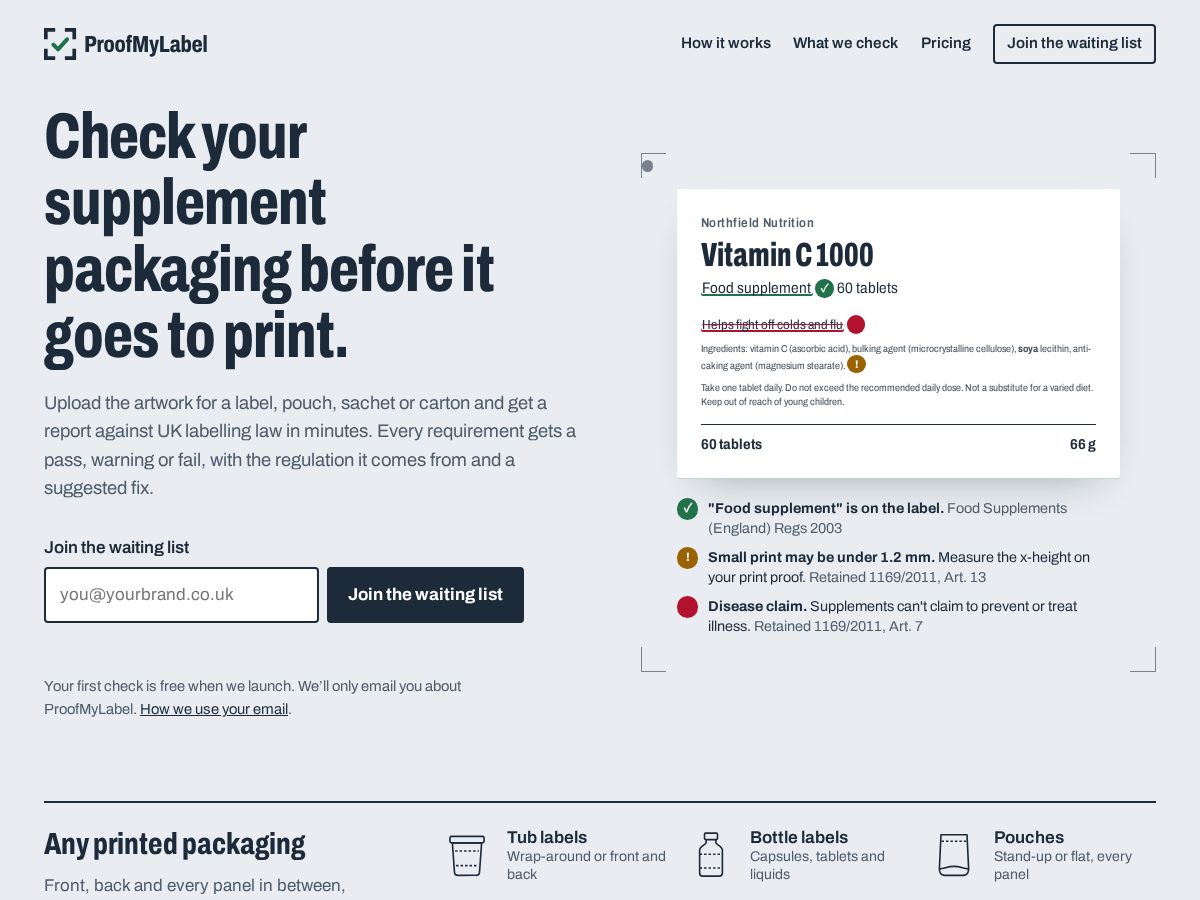 Landing-page snapshot of proofmylabel.com
