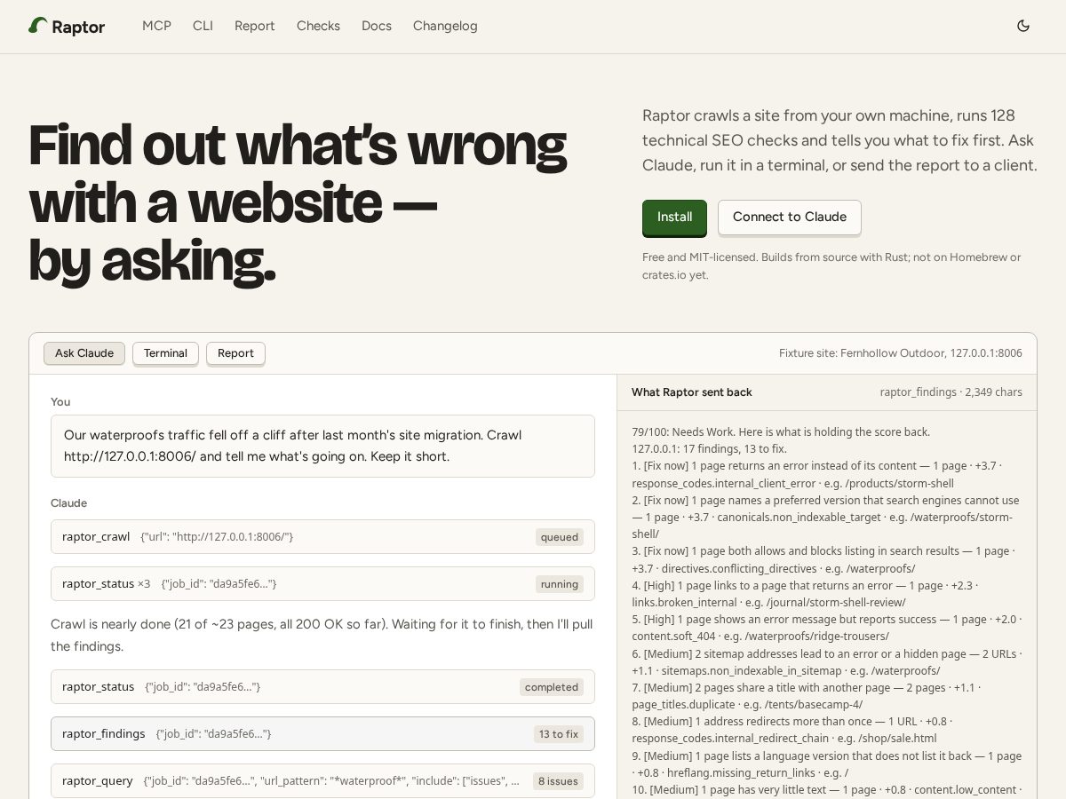 Landing-page snapshot of raptorseo.dev