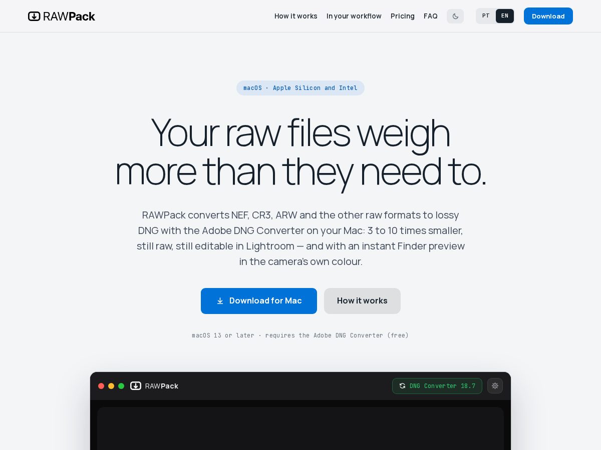 Landing-page snapshot of rawpack.app