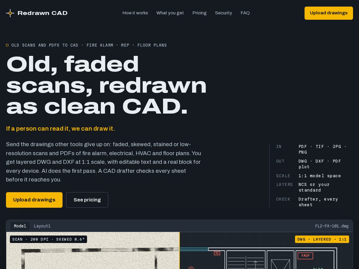 Landing-page snapshot of redrawncad.com