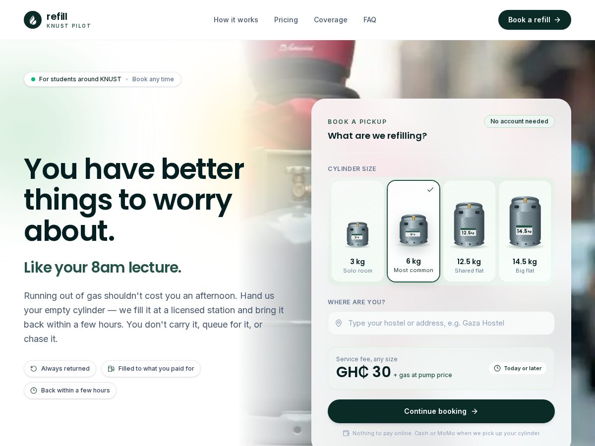 Landing-page snapshot of refillgh.com
