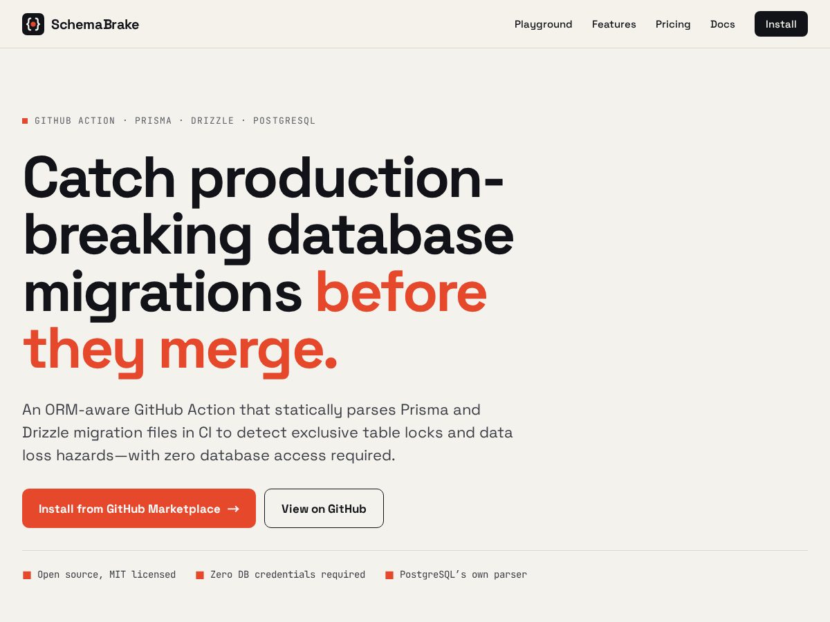 Landing-page snapshot of schemabrake.dev
