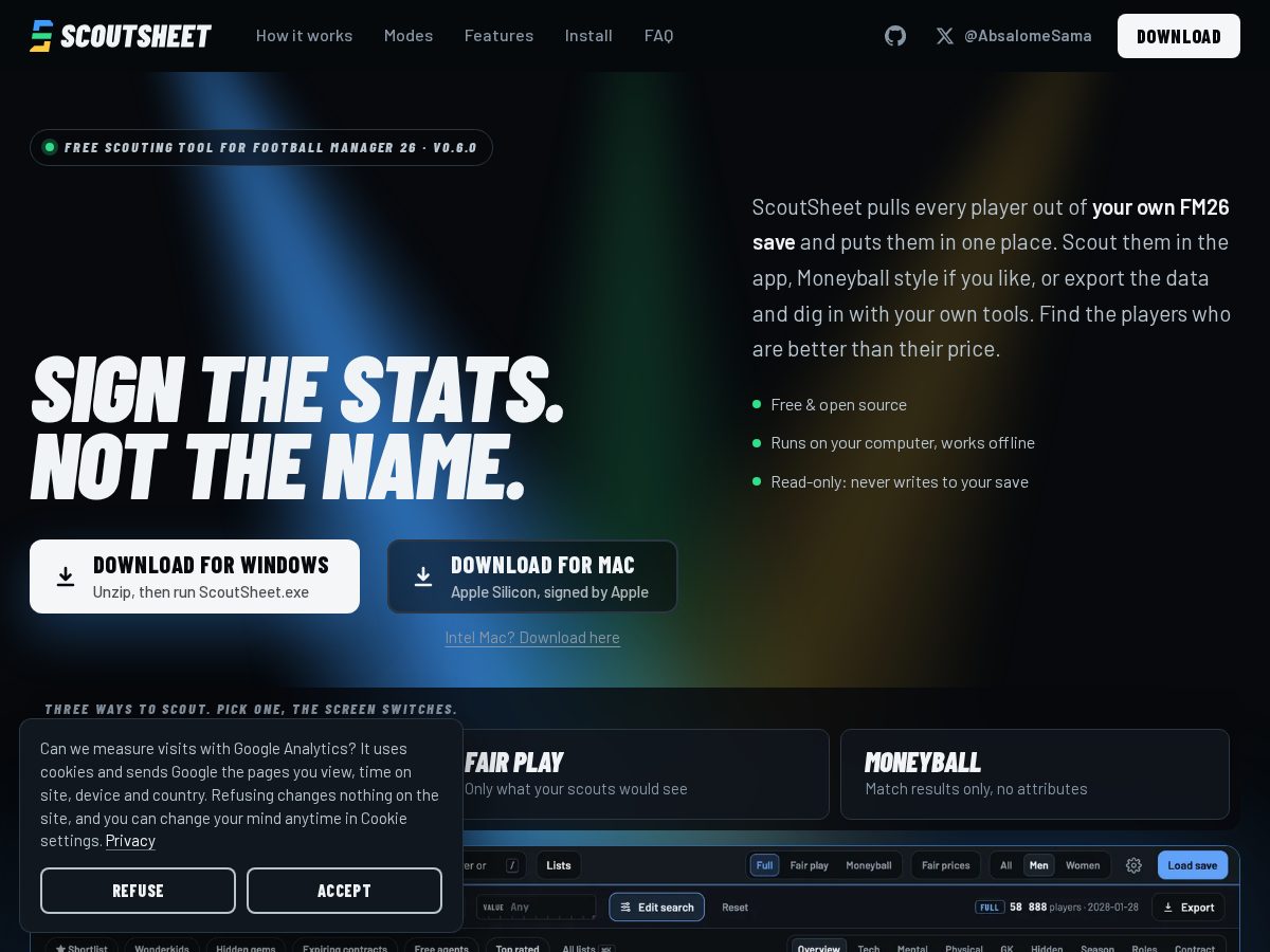 Landing-page snapshot of scoutsheet.app