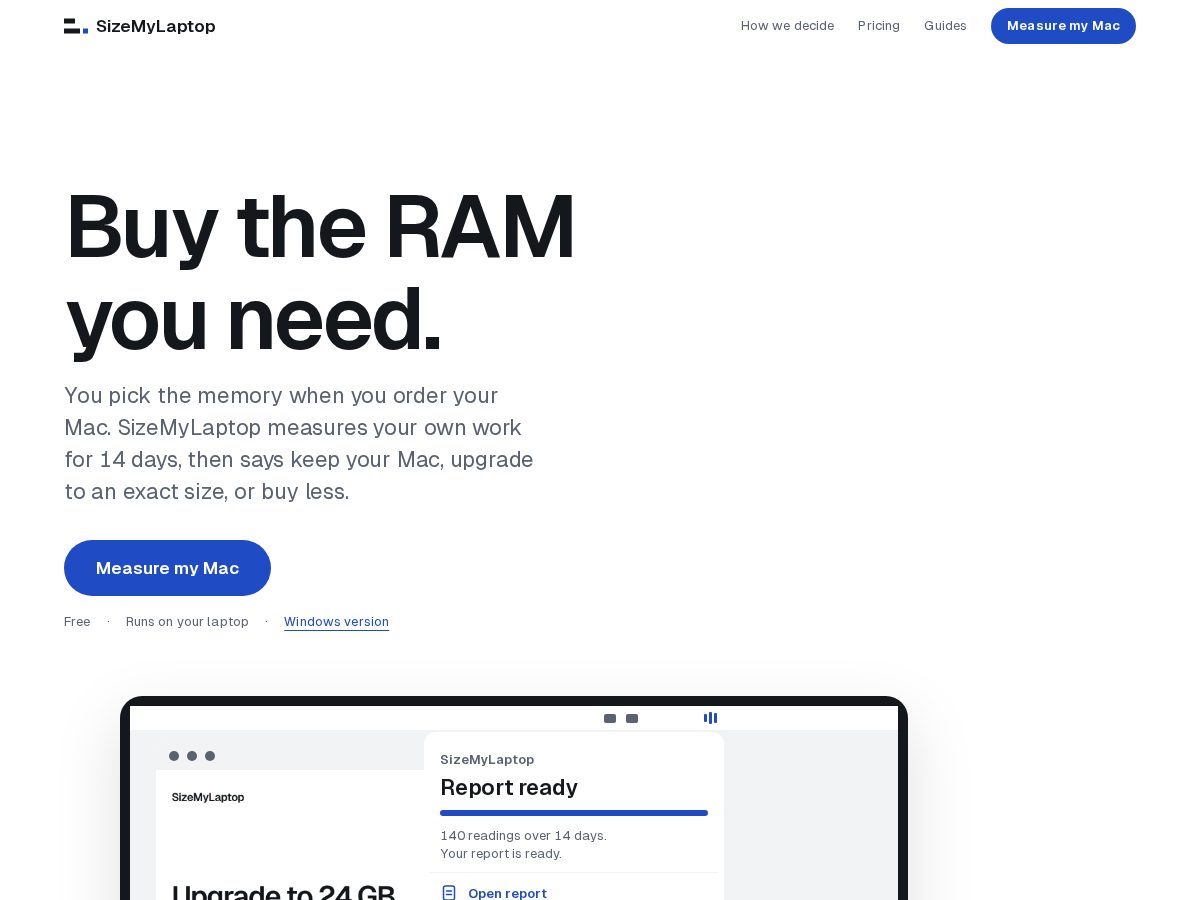 Landing-page snapshot of sizemylaptop.com