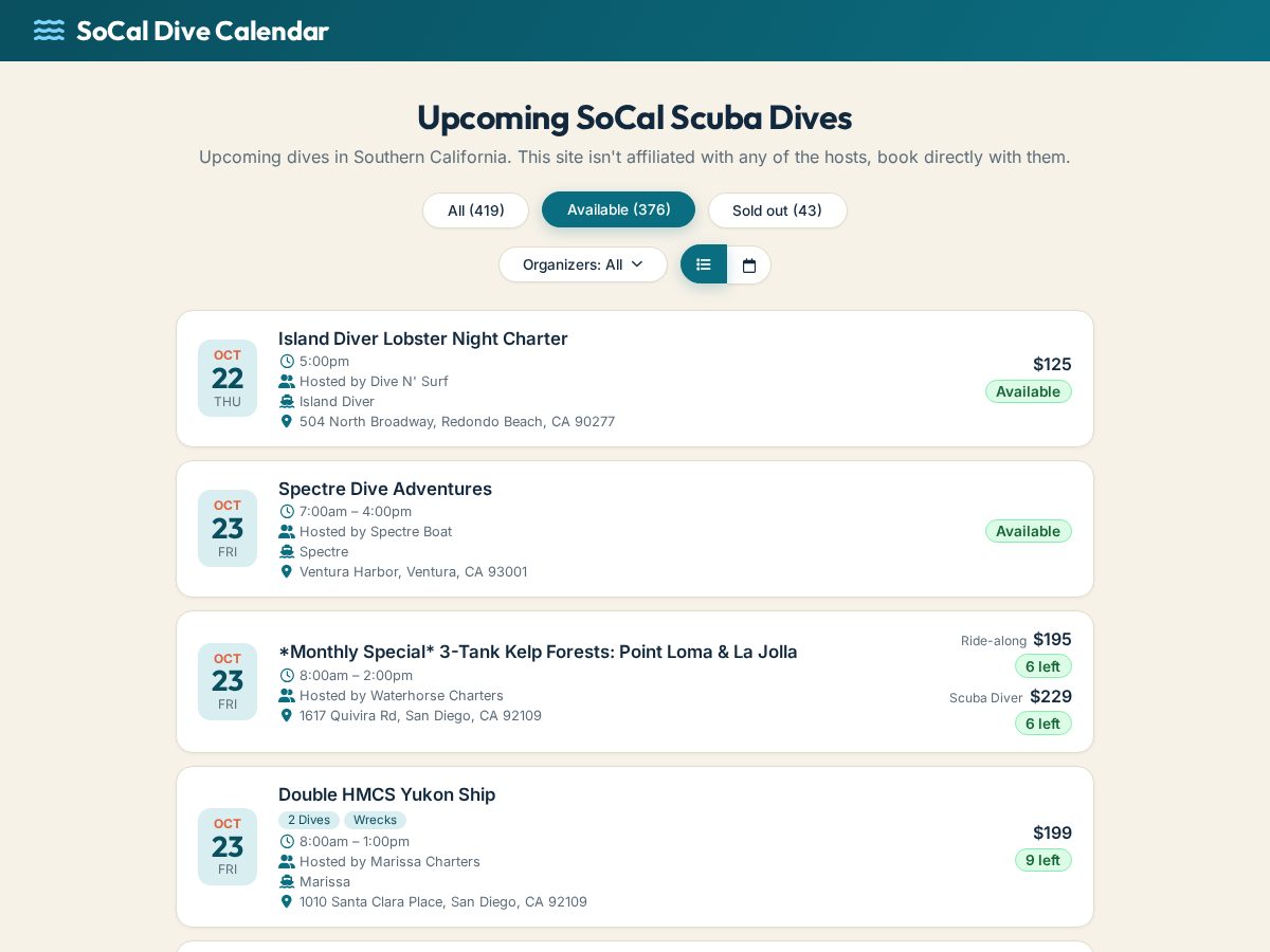 Landing-page snapshot of socaldivecalendar.com