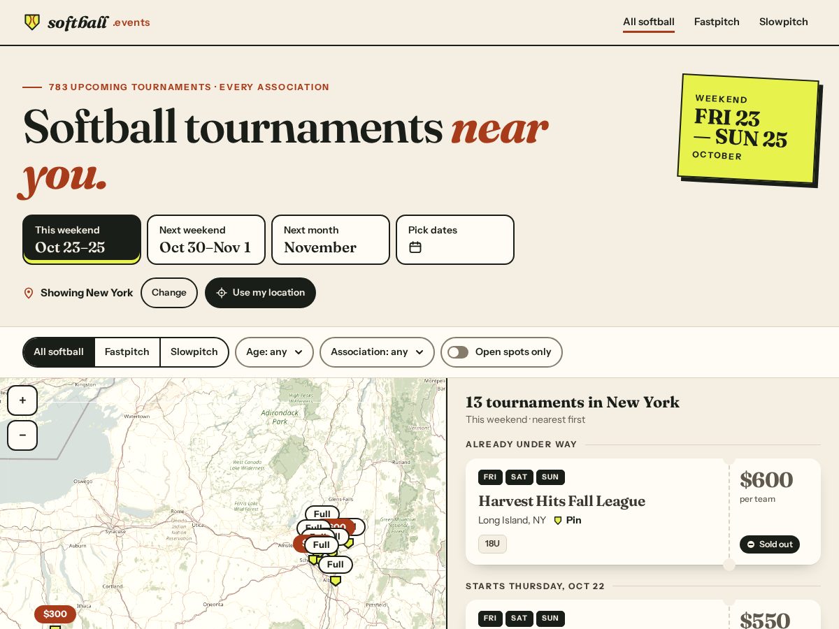 Landing-page snapshot of softball.events