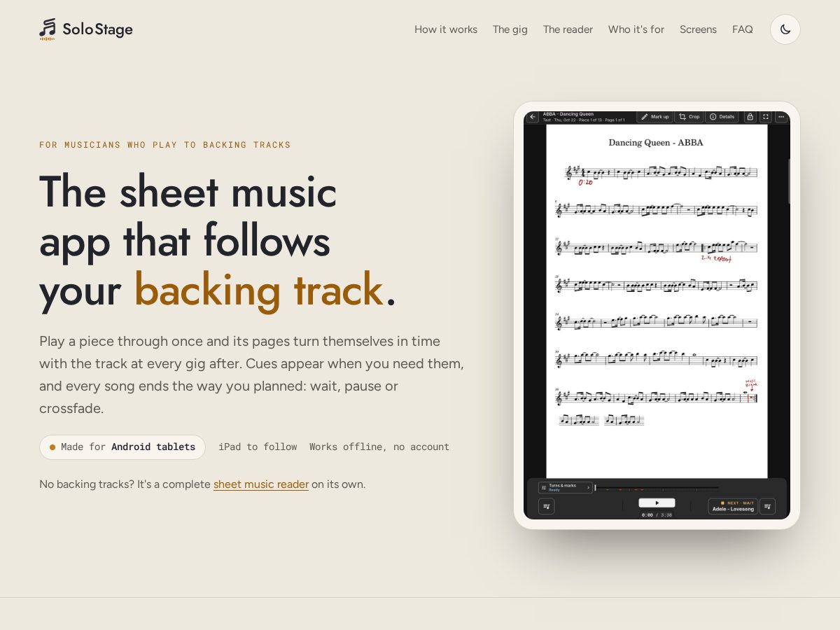 Landing-page snapshot of solostageapp.com