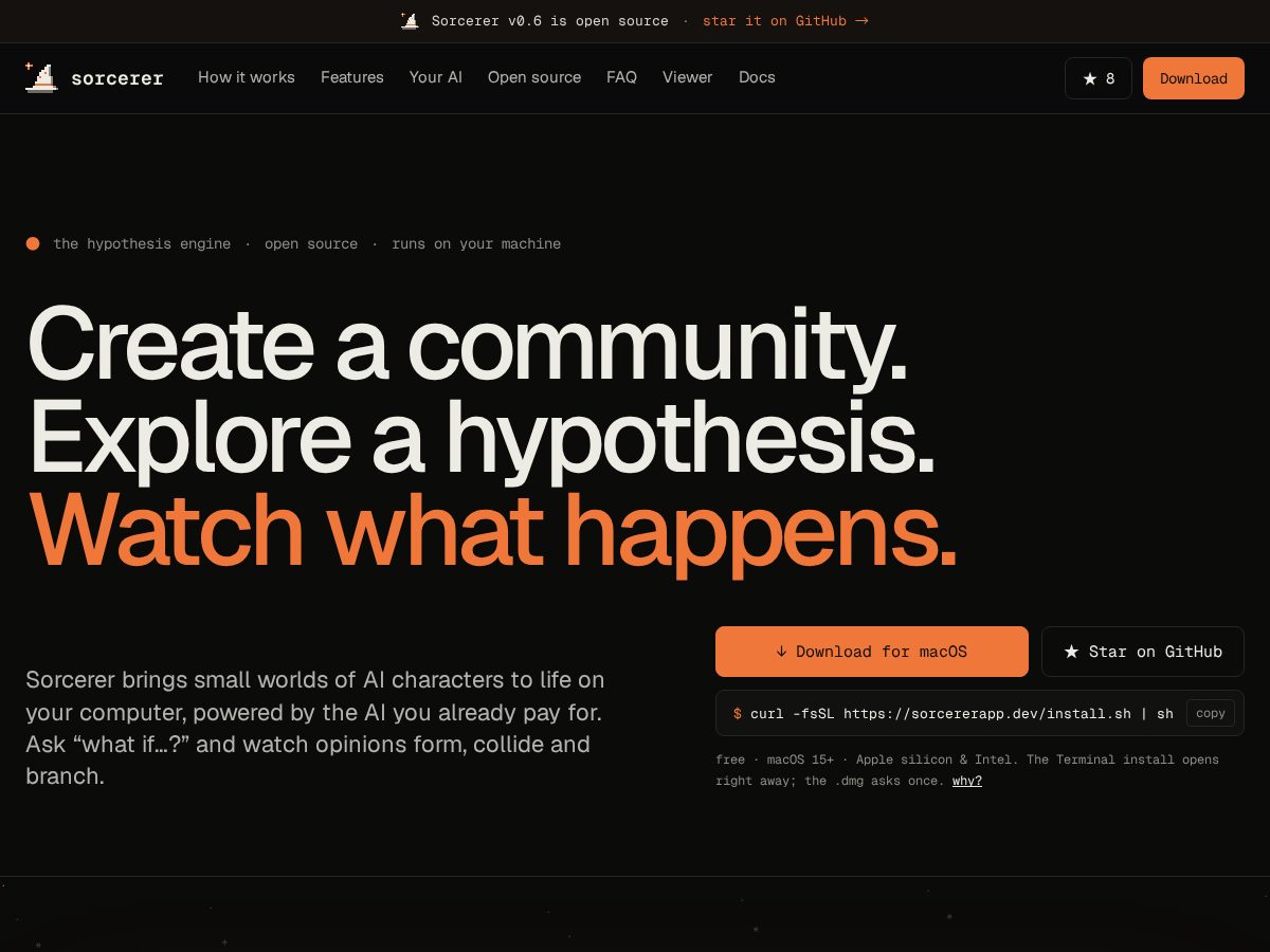 Landing-page snapshot of sorcererapp.dev