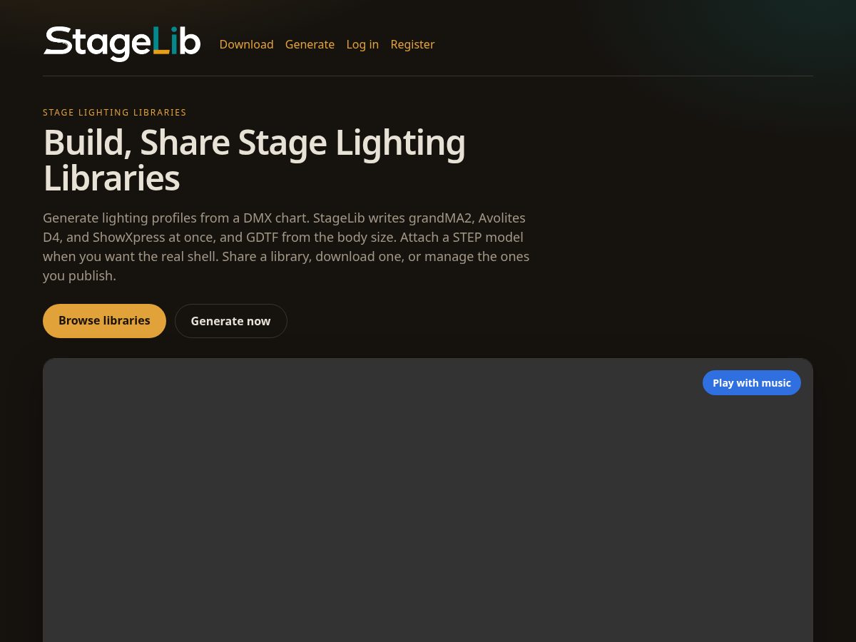 Landing-page snapshot of stagelib.com