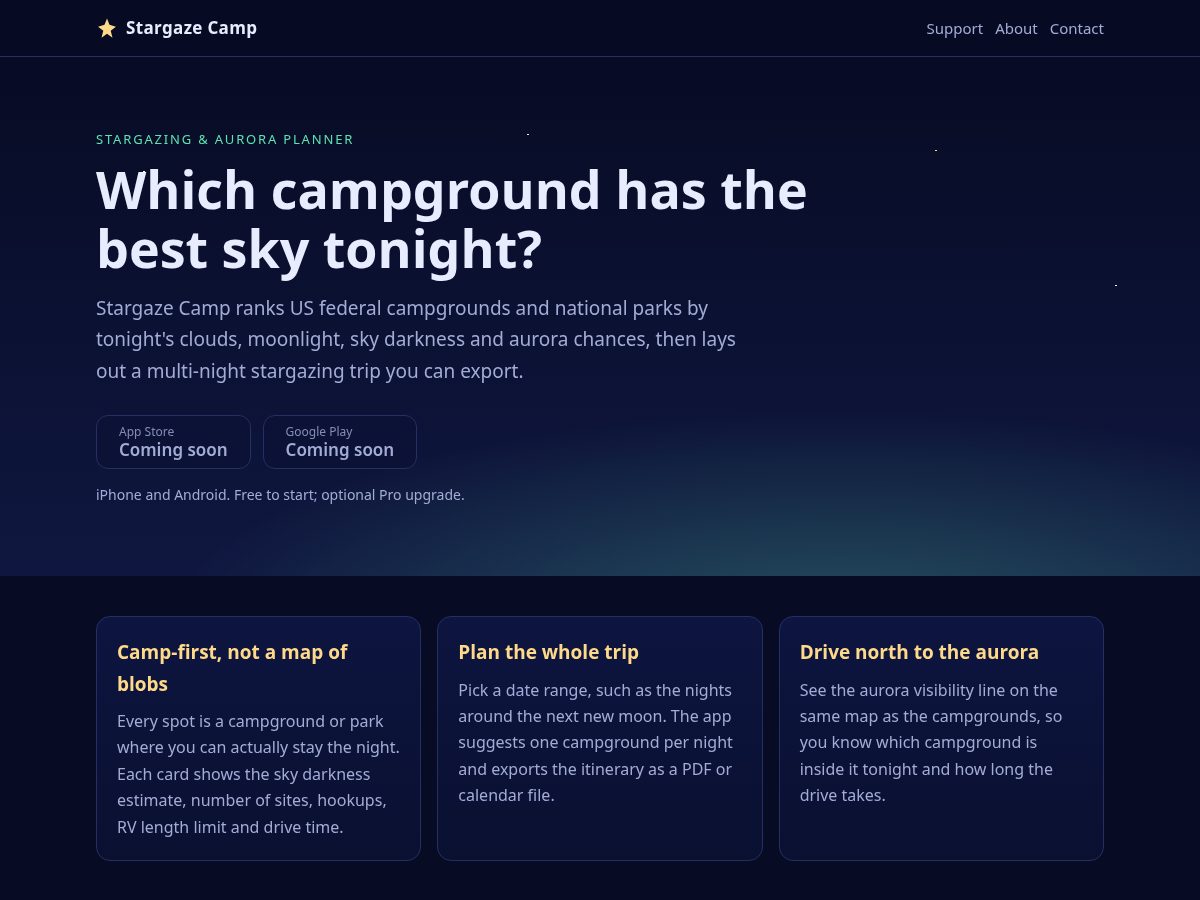 Landing-page snapshot of stargazecamp.com