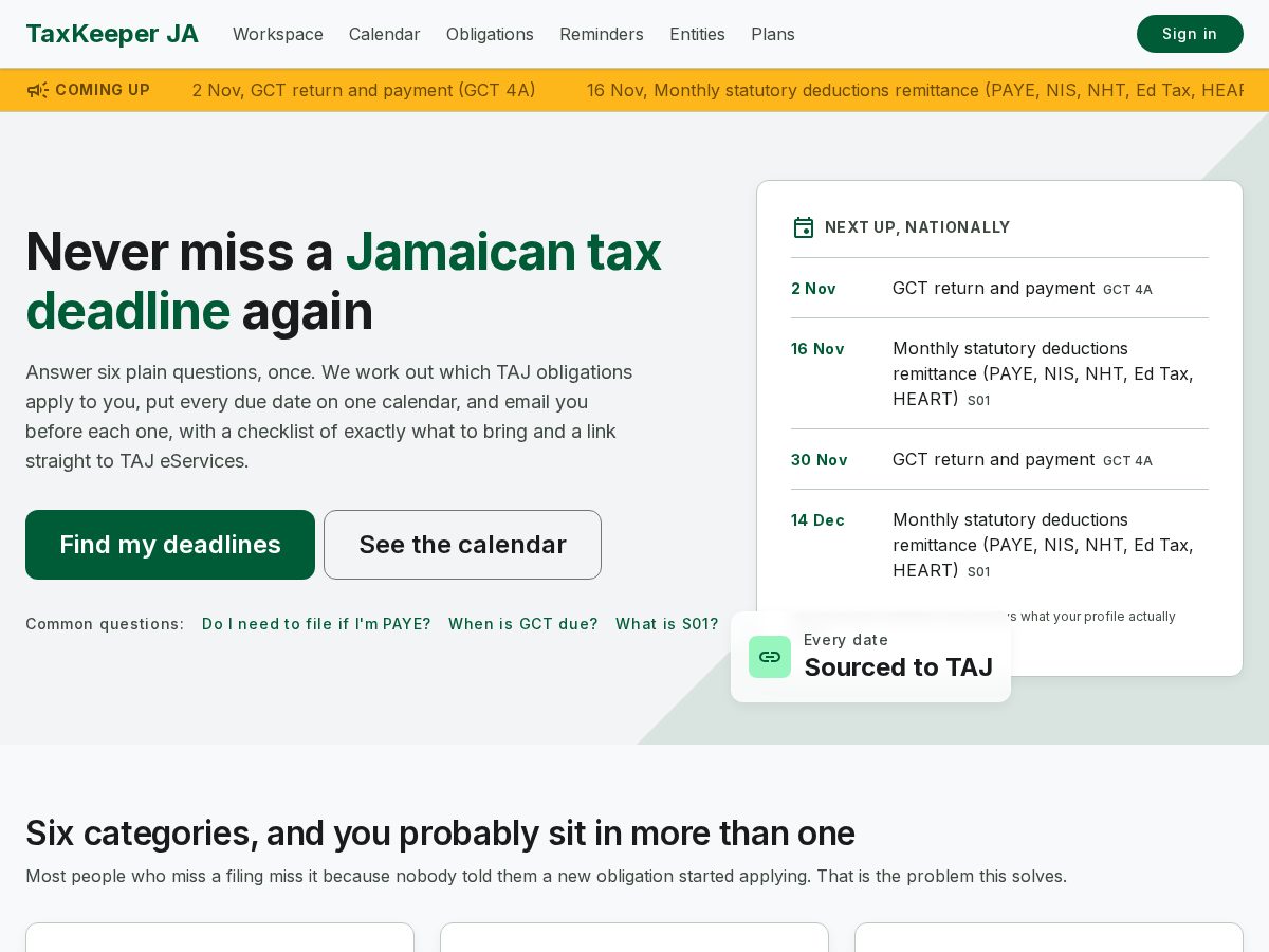Landing-page snapshot of taxkeeperja.com
