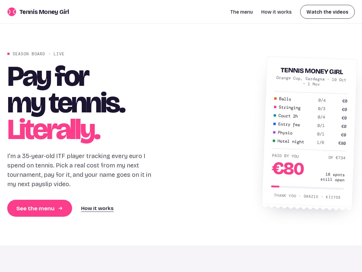 Landing-page snapshot of tennismoneygirl.com