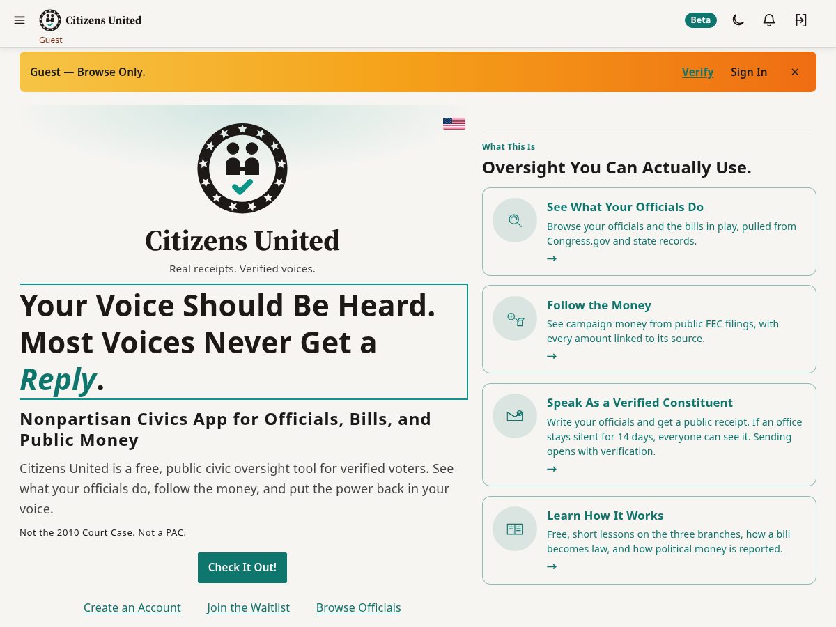 Landing-page snapshot of theunitedcitizensofamerica.app