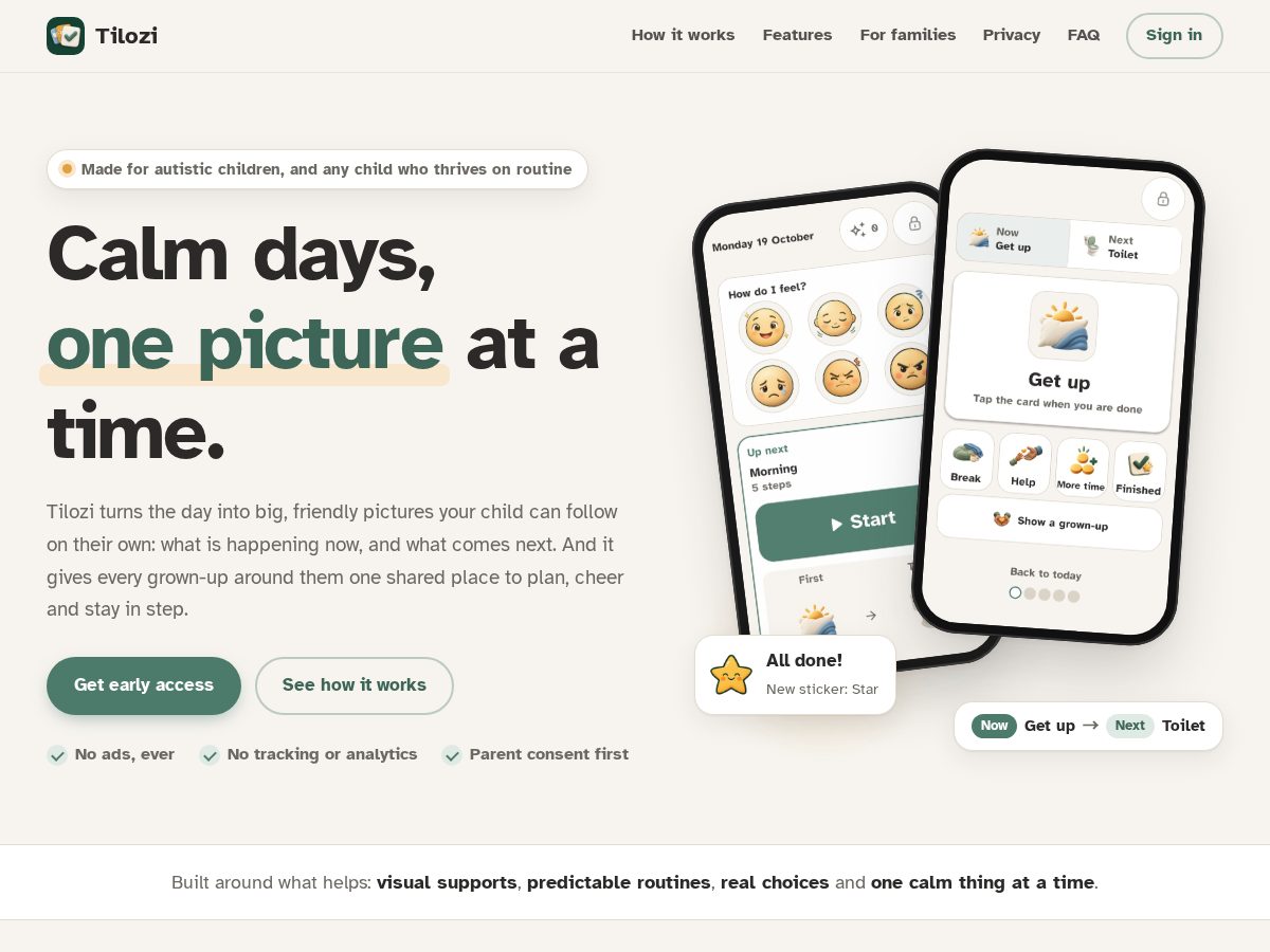 Landing-page snapshot of tilozi.app