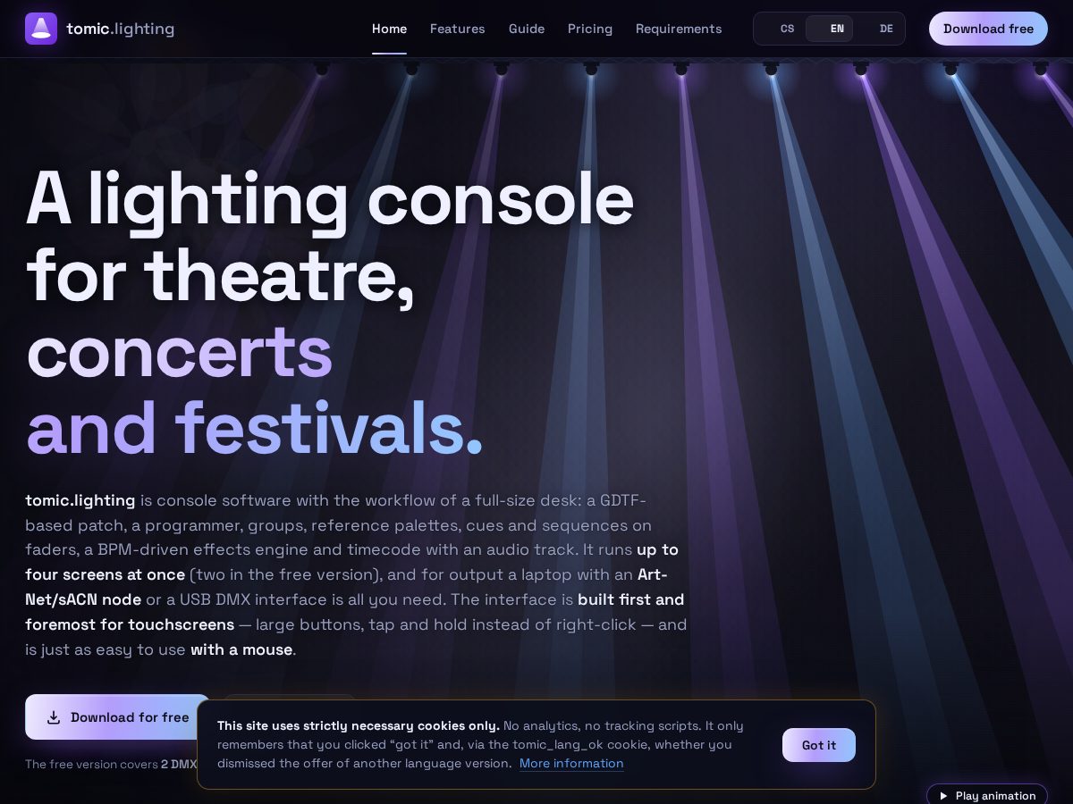 Landing-page snapshot of tomic.lighting