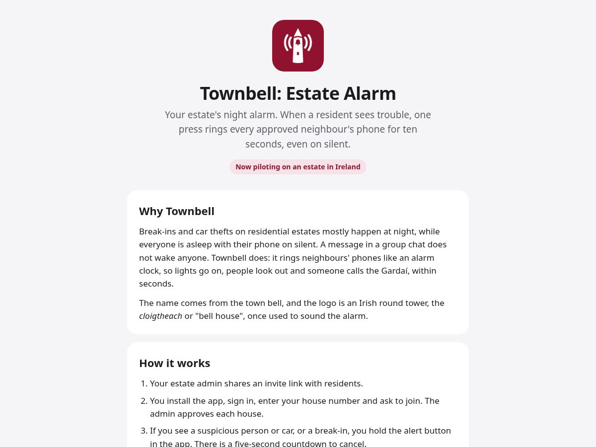 Landing-page snapshot of townbell.app