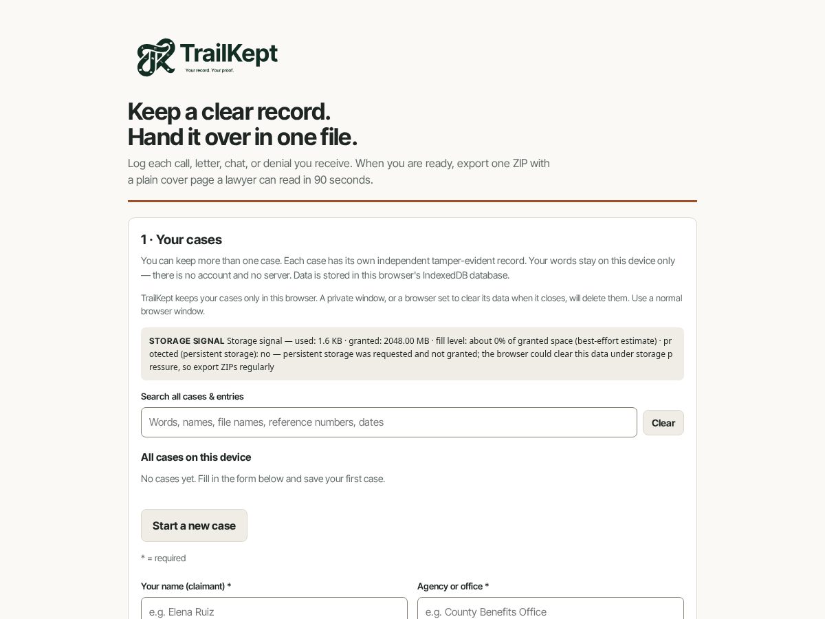 Landing-page snapshot of trailkept.app