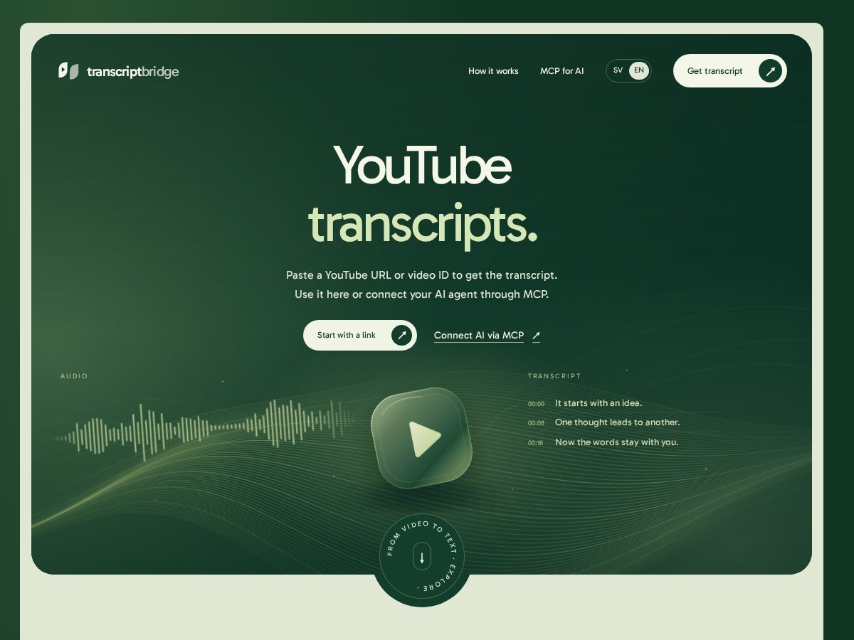 Landing-page snapshot of transcriptbridge.cloud