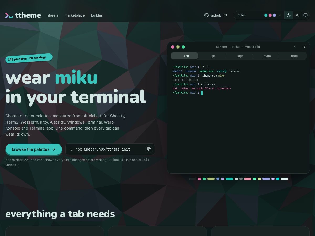Landing-page snapshot of ttheme.dev