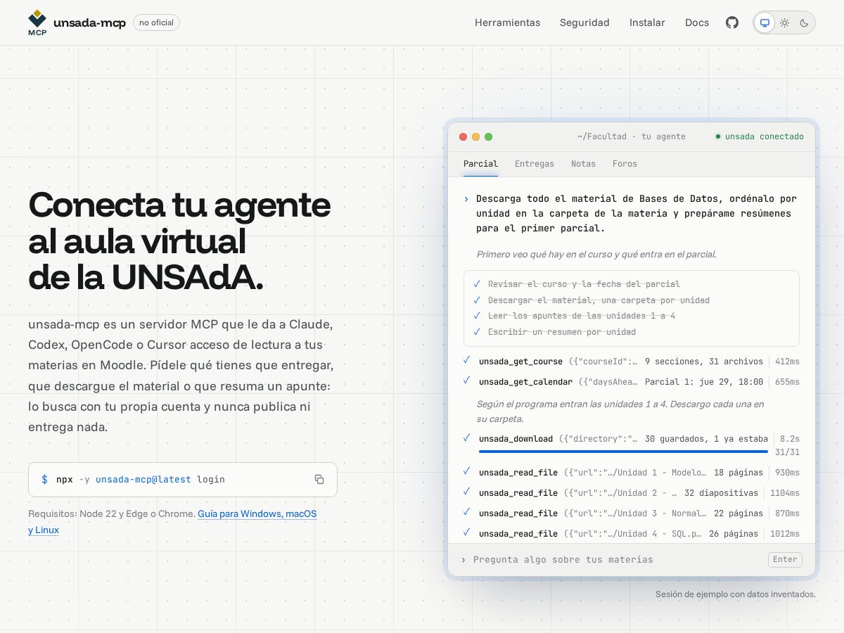Landing-page snapshot of unsadamcp.dev